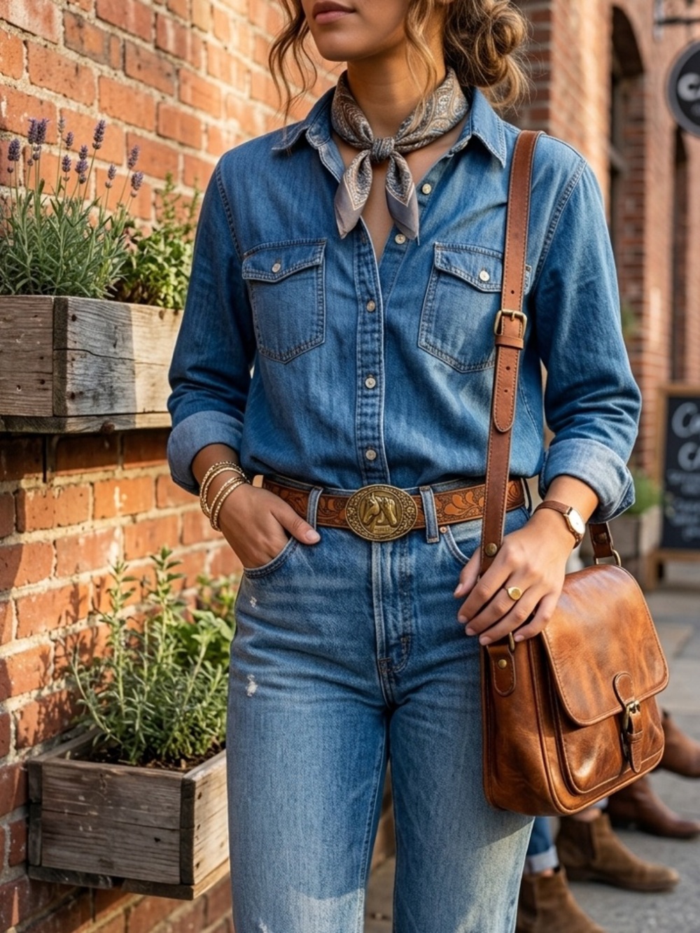 Western Horse Embossed Tan Leather Belt with Antique Gold Buckle - Picture 2 of 4